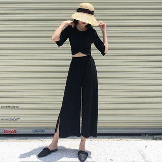 Set: Elbow-sleeve Cropped Top + Wide Leg Pants