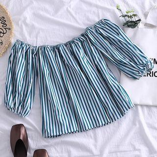 Off-shoulder Striped Blouse Stripes - Green & White - One Size
