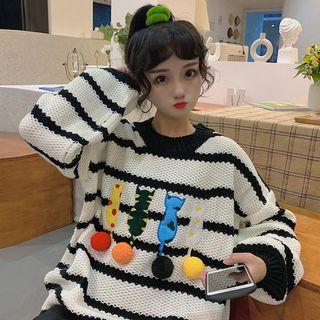 Cat Embroidered Striped Flared-sleeve Oversize Knit Top