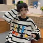 Cat Embroidered Striped Flared-sleeve Oversize Knit Top