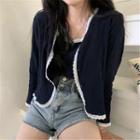 Set: Lace Trim Camisole Top + Cardigan Navy Blue - One Size