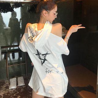 Printed Cut Out Shoulder Elbow Sleeve Hooded Dress