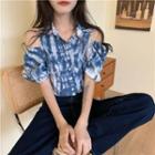 Cold-shoulder Tie-dye Print Cropped Blouse Blue - One Size