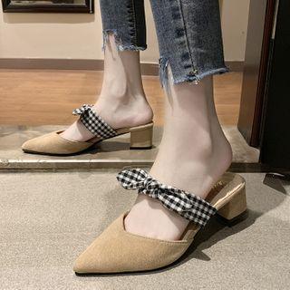 Pointy Chunky Heel Gingham Bow Mules