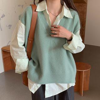 Set : V-neck Vest Tank Top + Long-sleeve Shirt
