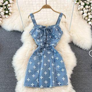 Lace Up Cross Print Denim Tank Dress