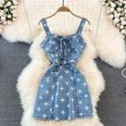 Lace Up Cross Print Denim Tank Dress