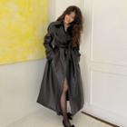 Faux-leather Long Trench Coat With Sash Black - One Size