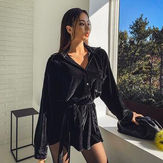 Dip-back Long Velvet Shirt With Sash