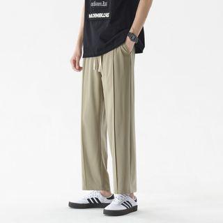 Drawstring Plain Straight-cut Pants