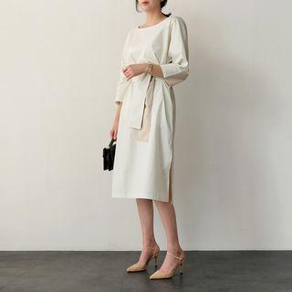 Round-neck Color-block Midi Dress With Sash
