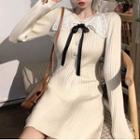 Long-sleeve Lace Panel Ribbon Accent Knit Mini Sheath Dress Black Bow - White - One Size