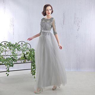 Lace Panel Elbow-sleeve Evening Gown