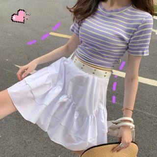 Striped Open-back Short-sleeve Cropped Top