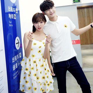 Couple Matching Floral Print Sleeveless Dress / Flower Embroidered Short Sleeve Polo Shirt