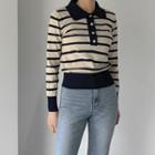 Contrast-collar Stripe Knit Top Light Beige - One Size