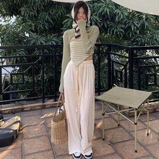 Striped Asymmetrical Cropped Camisole Top / Shrug / Wide Leg Pants / Set
