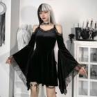 Bell-sleeve Cold-shoulder Lace Trim Mini A-line Dress