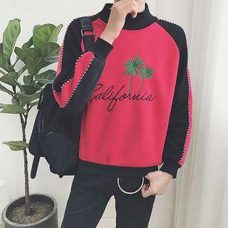 Contrast-color Mock-neck Embroidered Pullover