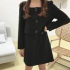 Square Neck Buttoned Long-sleeve Dress Black - One Size
