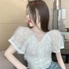 Puff-sleeve V-neck Lace Top White - One Size