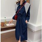 Striped Shawl Panel Long-sleeve Denim Drawstring Dress