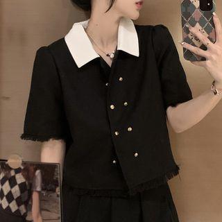 Short-sleeve Two-tone Shirt / Mini Pleated Skirt