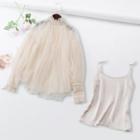 Set: Long-sleeve Faux Pearl Organza Top + Camisole Top