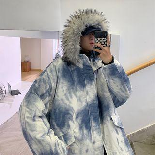 Furry Trim Hooded Tie-dyed Jacket