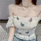 Puff-sleeve Butterfly Applique Blouse White - One Size