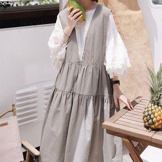 Plain Midi A-line Overall Dress Grayish Green - One Size