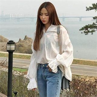 Open-placket Shirred Top With Sash