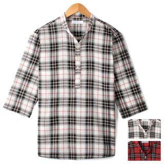 Half-placket 3/4-sleeve Plaid Shirt