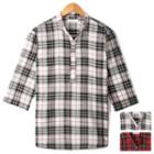 Half-placket 3/4-sleeve Plaid Shirt