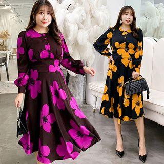 Long-sleeve Flower Print Loose-fit Dress