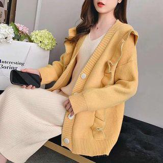 V-neck Ruffled Loose-fit Cardigan