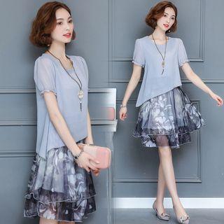 Mock Two Piece Printed Panel Short Sleeve Chiffon Dress