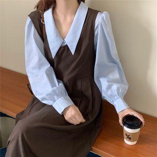 Plain V-neck Long-sleeve Blouse / A-line Sleeveless Dress