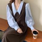 Plain V-neck Long-sleeve Blouse / A-line Sleeveless Dress