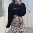 Butterfly Embroidered Long-sleeve T-shirt / Leopard Print Mini A-line Skirt