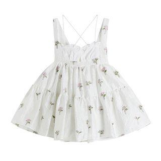 Sleeveless Flower Embroidered Mini A-line Dress