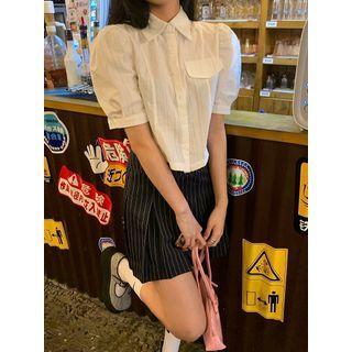 Plain Puff Sleeve Blouse / Striped Mini Skirt