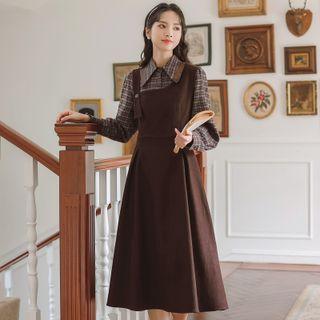 Set: Plaid Shirt + Asymmetrical Midi A-line Overall Dress