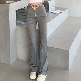 Zip-up Tie-waist Boot-cut Pants