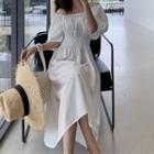 Elbow-sleeve Off-shoulder Elastic-waist A-line Dress