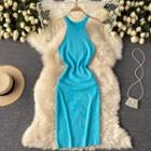 Off-shoulder Studded Knit Sleeveless Dress
