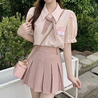 Puff-sleeve Shirt / Pinstriped Bow Tie / Pinstriped Pleated A-line Skirt / Set