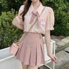 Puff-sleeve Shirt / Pinstriped Bow Tie / Pinstriped Pleated A-line Skirt / Set