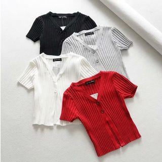 Short-sleeve Knit V-neck Button Top