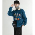 Lettering Fleece-trim Polo Sweatshirt